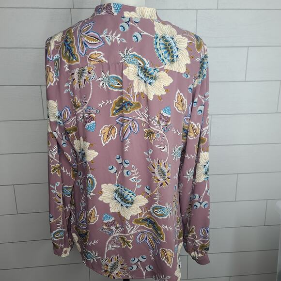 Chicos Top Blouse Mauve Paisley Floral 1 Med Purple Blue Jacobean Bouquet Ruffle - Picture 9 of 12